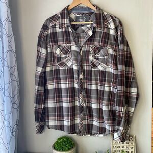 BKE relaxed fit Pearl snap mens plaid shirt size large western fair rodeo brown
